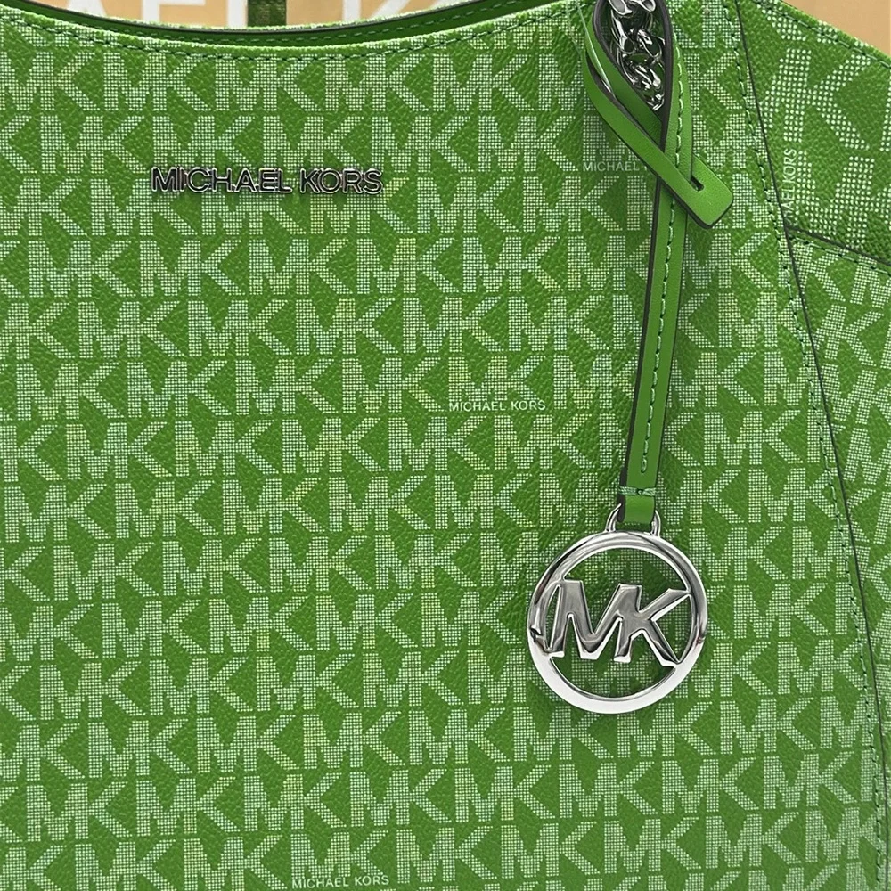 Michael Kors Jet Set Large Signature Logo Chain Shoulder Tote Bag Jungle Green